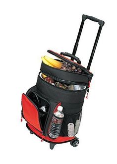 an image of a luggage bag with food in it and drinks on the bottom compartment