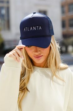 Navy Atlanta Trucker Hat Navy Trucker Hat With Curved Brim For Sports Events, Casual Navy Trucker Hat, Casual Navy Trucker Hat, One Size Fits Most, Navy Trucker Hat Baseball Cap, Navy Cotton Trucker Cap, Black Sunglasses Square, Cute Hat, Exclusive Dress, The Navy