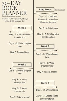 the 30 - day book planner is shown with instructions for each week and two days