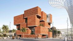 an architectural rendering of a brick building with palm trees in the foreground and people walking by