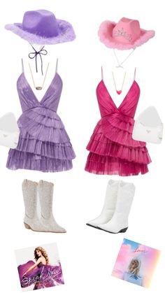 four different dresses and hats with pictures on the bottom one is pink, purple, and white