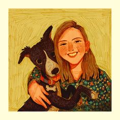 a drawing of a woman holding a dog in her arms and smiling at the camera