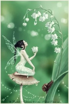 a fairy sitting on top of a mushroom with lily of the valley in her hand