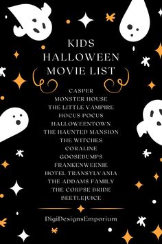 kids'halloween movie list with ghost faces and stars in the background, on a black background