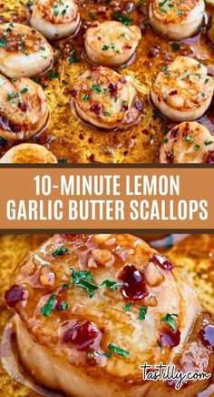 the top and bottom views of garlic butter scallops