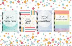 three spiral notebooks with the words financial planner on them and colorful stars in the background