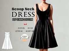 a woman in a black dress with the words scoop neck dress sewing pattern on it