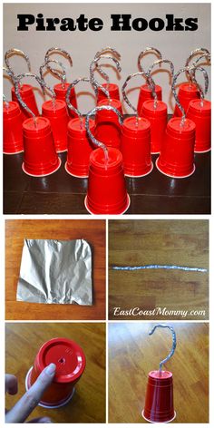 the instructions to make pirate hooks out of plastic cups and tinfoils are shown