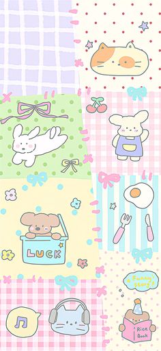 an image of some cute things on the ground in different colors and patterns, including food