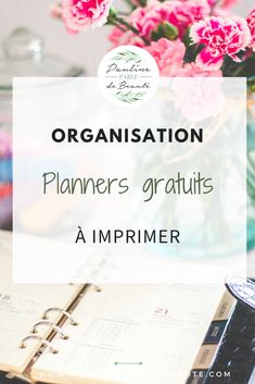 an open book with pink flowers in the background and text that reads organization planners, grauts, a imprimer