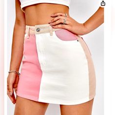 Colorblock Pink White And Beige/Tan Mini Skirt In Size: Small, Never Worn New Without Tags, Denim, Summery Colors Perfect To Match With White Crop Top White Patchwork Mini Skirt, Trendy Patchwork Skirt, Casual White Patchwork Skirt, Fitted White Color Block Bottoms, Casual White Skirt With Patchwork, Trendy Mini Skirt With Patchwork, Summer Patchwork High Waist Mini Skirt, High Waist Patchwork Mini Skirt For Spring, Trendy High Waist Multicolor Mini Skirt