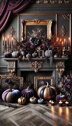 an ornate fireplace decorated with pumpkins and candles