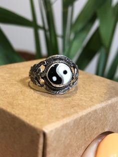 Vintage silver Yin Yang motif ring size 53 \ 6,5 Uk Adjustable White Symbolic Rings, Symbolic White Sterling Silver Rings, Handmade Symbolic White Rings, Symbolic Handmade White Rings, Adjustable Symbolic Midi Rings, Pisces Ring, Yin Yang Ring, Solitaire Rings, Flower Studs