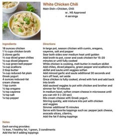 the recipe for white chicken chili is shown in this brochure, with instructions to make it