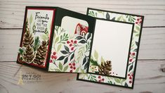 three christmas cards with pine cones and holly