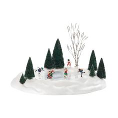 a christmas scene with people playing in the snow near some trees and a small tree