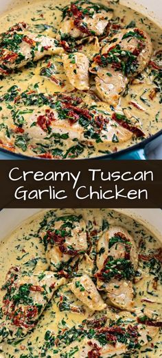 creamy tuscann garlic chicken with spinach in a skillet