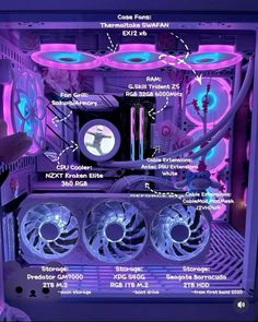 the inside of a computer case with all its components labeled in blue and purple lights