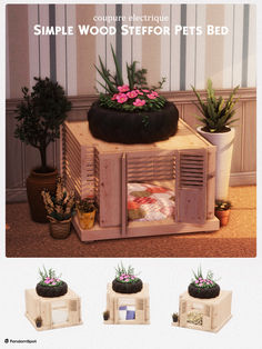 an advertisement for a pet bed made out of wooden crates with flowers on top and plants in the bottom