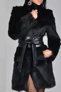 Black Long Belted Outerwear, Belted Black Outerwear For Party, Black Belted Outerwear For Party, Chic Black Fur Coat For Party, Belted Long Sleeve Fur Coat For Fall, Chic Black Long Sleeve Fur Coat, Black Long Sleeve Fur Coat, Chic Long Black Fur Coat, Chic Long Sleeve Belted Fur Coat