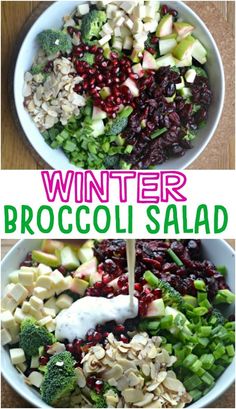 broccoli salad with cranberries and apples in a white bowl