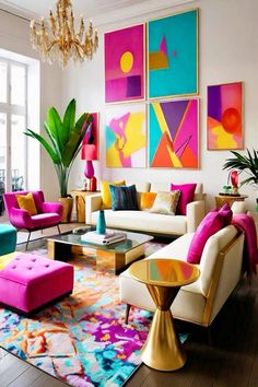 Living Room Design Ideas Bright Color Paintings, Bright Color Office, Colorful Airbnb, Bright Office Decor, Colorful Living Room Bright, Bright Color Decor, Bright Furniture, Vibrant Living Room