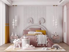 a bedroom decorated in pastel pink and white