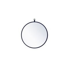 a round mirror on a white wall with a black frame and blue trim around the edges