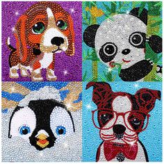 four pictures of dogs with different colors and sizes, each painted on to the same fabric