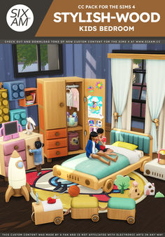 This is the latest addition to my "Stylish Wood" series, the "Stylish Wood Kids Bedroom" CC Pack! This new collection continues the style of inviting wooden spaces, but this time with a fresh twist perfect for your Sim's children.  The wooden bed frame is designed like a car and will be perfect for your Sim kids. The furniture pieces are available in various stains and colorful paints, adding a vibrant and diverse feel to the room. For entertainment, there's a kid-friendly TV and more. Sims 4 Bedroom Cc Pack, Sixam Cc Sims 4, Cc Beds Sims 4, Sims 4 Daycare Cc, Sims 4 Child Room Cc, Sims 4 Kids Cc Furniture, Sims 4 Kids Furniture Cc, Sims 4 Kids Bedroom Cc, Sims 4 Cc Kids Room