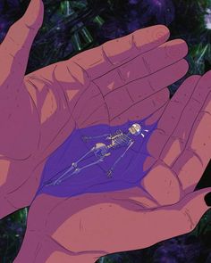 a person holding out their hand with an insect in it's palm and purple flowers behind them