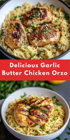 delicious garlic butter chicken orzo recipe with lemons and parsley in the background