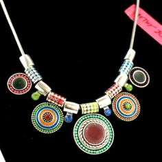 ~~ Welcome To My "Tokens Of Expression" Collection ~~ Artzy Graduated Circles Multi-Color Enamel & Crystal Silver Tone Necklace Necklace Features Multi-Color Detailed Enamel Graduated Circle Design Accented With Silve Beads & Blue & Green Crystals Adjustable 18"-20" Lightweight Bright Silver Tone Snake Necklace With Easy And Durable Round Lobster Claw Closure. Artsy & Casual, Necklace Looks Great For Work, Dressed Up Or Paired With Your Favorite Pair Of Jeans. This Beautiful Necklace Would Make Multicolor Metal Necklace Nickel-free, Nickel-free Multicolor Metal Necklaces, Nickel-free Multicolor Metal Necklace, Multicolor Metal Necklace With Round Pendant, Multicolor Nickel-free Retro Jewelry, Retro Multicolor Nickel-free Jewelry, Retro Adjustable Silver Necklace, Retro Multicolor Necklaces For Jewelry Making, Colorful Metal Necklaces For Gifts