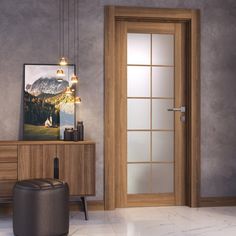 an empty room with a large wooden door