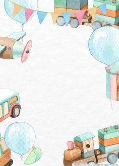 a watercolor drawing of a train and cars with balloons in the shape of animals