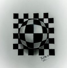 a black and white checkered pattern with a sphere in the middle on top of it