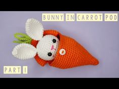 a crocheted carrot with an ear tag attached to it's side and the words bunny in carrot pod written below