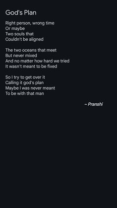 the words god's plan are written in black and white on a dark background