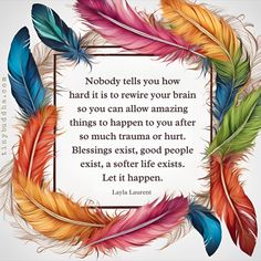 colorful feathers with a quote on it that says nobody tells you how hard it is to re