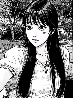 a black and white drawing of a girl with long hair, wearing a cross necklace