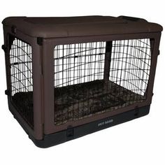 a large dog cage with a brown cover