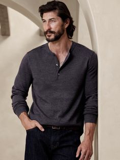 Merino wool comes to life in this henley shirt with a traditional neckline and cozy silhouette.  Henley placket.  Fabric from Italy's Zegna Baruffa mill.  Straight hem.  Standard fit.  Long sleeves.  Hip length.  Body length (size M): Regular 26" Sleeve length from center back: Regular 32. 5" Henley Mens Outfit, Mens Henley Outfit, Henley Shirt Men's Outfits, Timeless Mens Fashion, Henley Outfit, Rugged Men Style, Underground Library, Henley Shirt Men's, Sweater Outfits Men