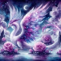 a painting of a white bird with pink roses in front of the moon and water