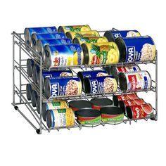 an image of canned food rack with cans on wheels for storing snacks and other items