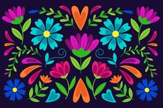 colorful flowers and leaves are arranged in the shape of a floral arrangement on a black background