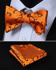 Orange and Brown Floral Self-Tie Bow Tie Close your eyes and imagine a luxurious silk bow tie in a bright orange and brown floral pattern. The intricate design of the floral pattern is captivating, with bursts of bright orange petals that seem to dance against a rich brown backdrop. The smoothness and sheen of the silk give the tie a sense of luxury and sophistication. Pair this bow tie with a crisp white dress shirt to create a classic and timeless look. The white shirt will provide the perfect Formal Orange Bow Tie, Floral Bow Tie, Silk Bow Ties, Navy Blue Suit, Bow Tie Set, Brown Suits, Light Blue Shirts, White Shirt Dress, Suit Set