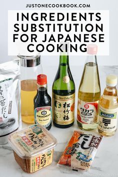 ingredients for japanese cooking on a counter top with text overlay that reads, ingredients for japanese cooking