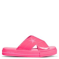 Sold Out In Store Barbie Pink Sandals - New W/O Box - Converse X O.P.I. One Star Sandal Slips - Hyper Pink Sandal With Tone-On-Tone Details - Patent Leather Accents - Tonal Foxing And Lining - Slip On Style - One Star Cross Strap - Limited Edition Collaboration - 565662c - Sandals / Flip-Flops / Slip-Ons / Summer / Barbie / Platforms Summer Beach Low-top Slides, Open Toe Slides For Streetwear, Star Cross, Pink Sandals, Slip And Slide, One Star, Womens Converse, Cross Straps, Converse Shoes