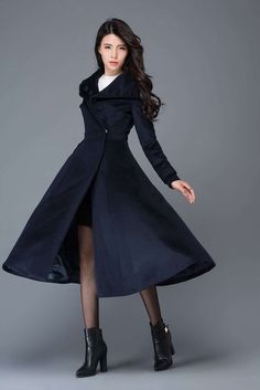 Midi wool coat, wool coat, womens winter coats, dress coat, navy blue coat, flare coat, warm coat, s Elegant Long Sleeve Winter Peacoat, Elegant Navy Long Peacoat, Elegant Long Navy Pea Coat, Elegant Navy Wool Coat, Elegant Navy Long Sleeve Pea Coat, Elegant Navy Long Pea Coat, Elegant Blue Wool Coat For Fall, Chic Long Sleeve Winter Peacoat, Elegant Navy Long Coat