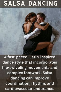 a man and woman dancing together with the caption salsa dancing